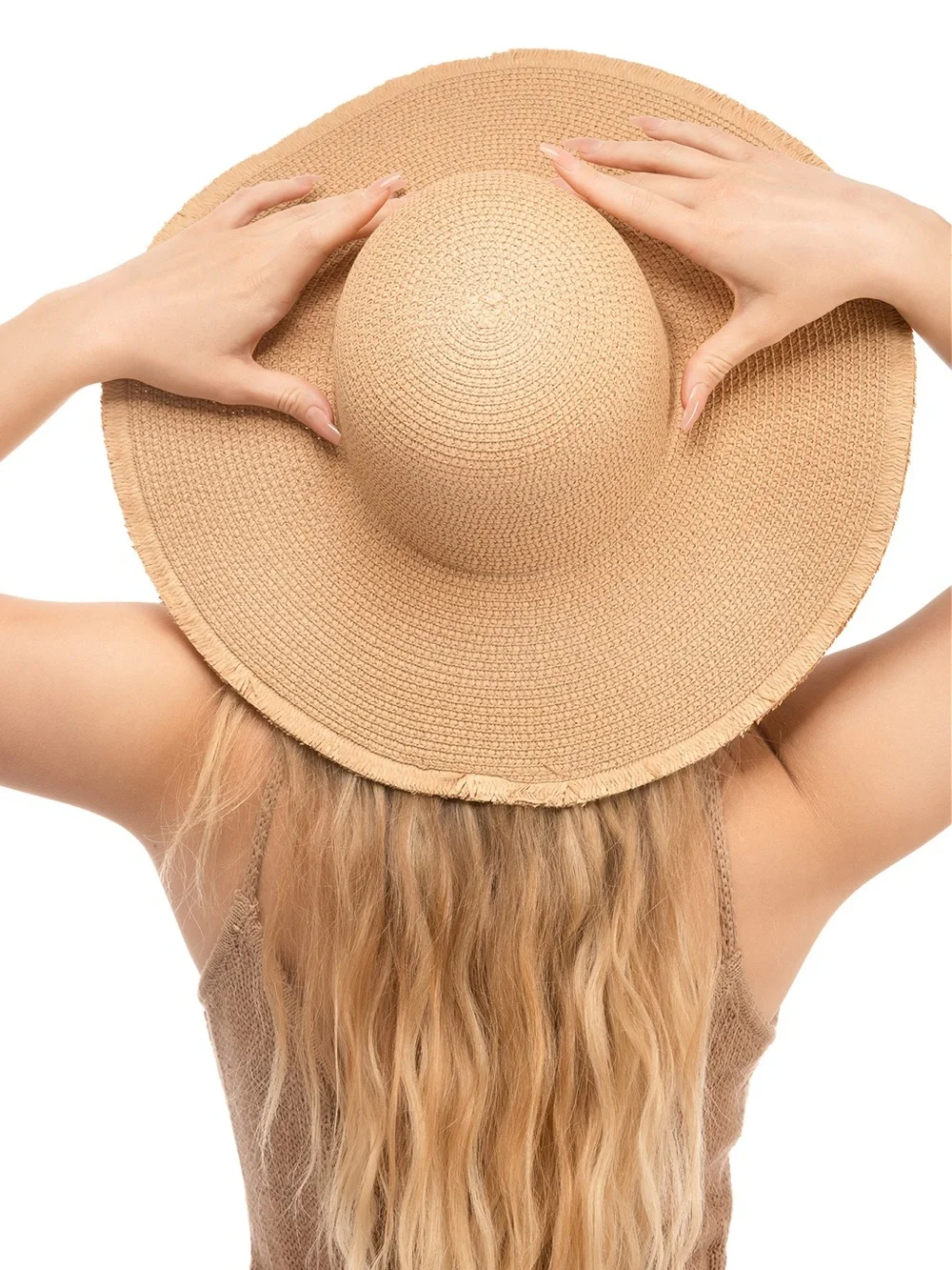 Frayed Edge Straw Beach Hat - Tan Brown